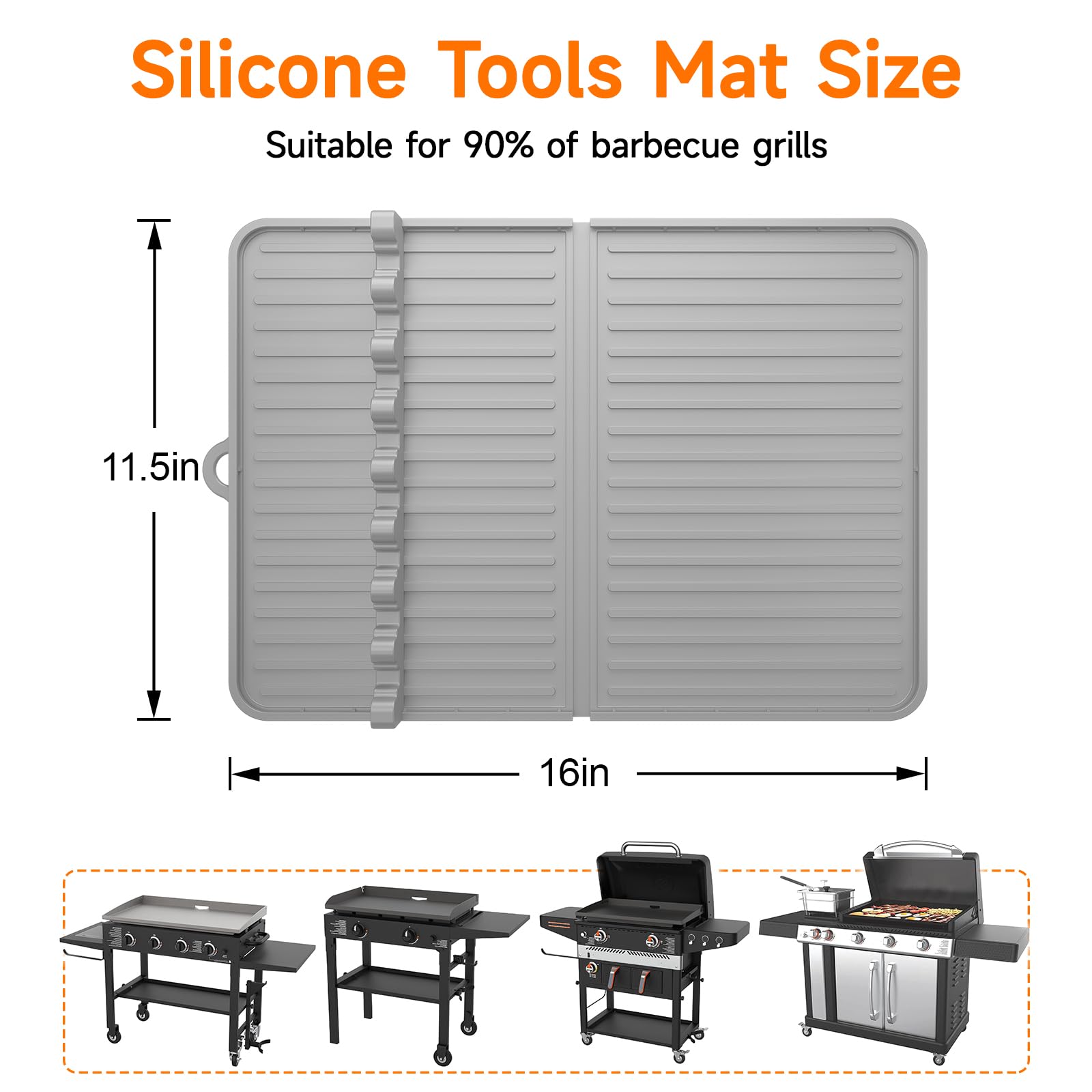 Silicone Grill Mat Compatible with Blackstone, Silicone Griddle Tool Mat with Adjustable Slots, Side Shelf Mat with Drip Pad for Griddle Accessories (Grey)