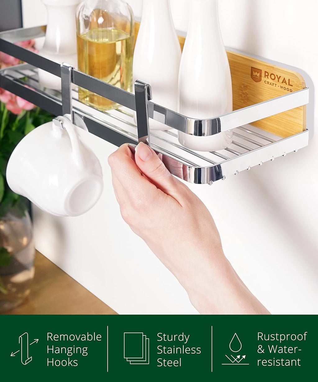 ROYAL CRAFT WOOD Bamboo and Stainless Steel Shower Caddy: Rustproof, Adhesive, No-Drill Installation 1-Pack