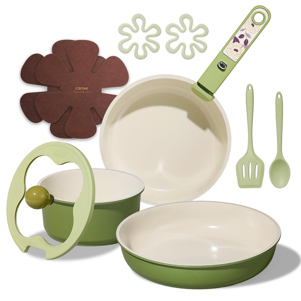CAROTE Ceramic Pots and Pans Set Non Stick, Nonstick Kitchen Cookware Sets with Lid, Detachable Handle Sauté Pan Set, Non Toxic Frying Pan, Oven Safe, Induction Ready, Cream White