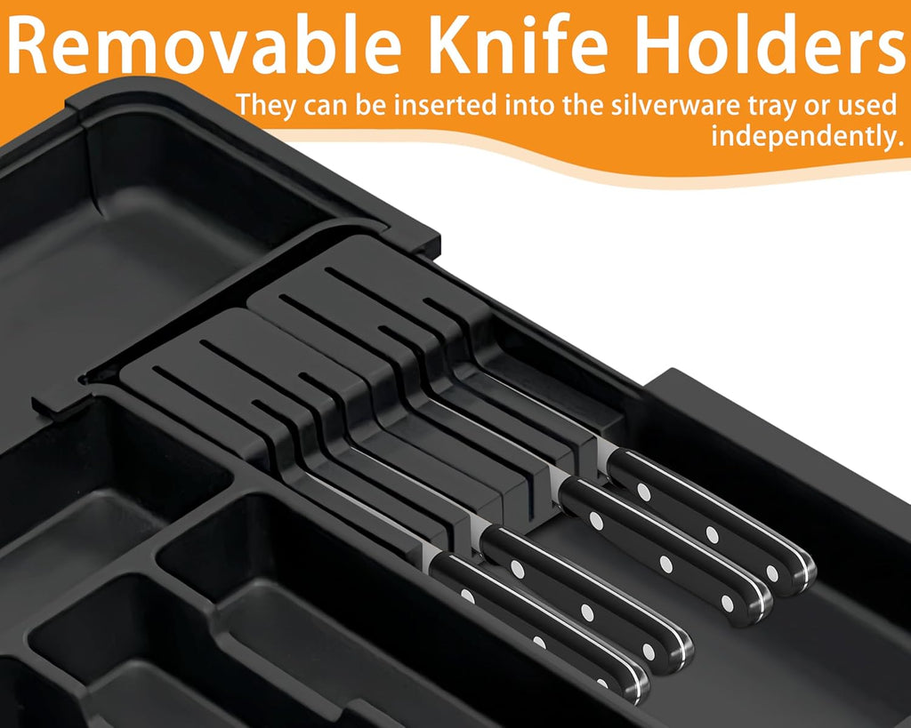 Homecor Silverware Organizer - Expandable Large Kitchen Drawer Organizer Utensil Organizer with 2 Removable Knife Blocks & 2 PACK Acrylic Straw Holder for Cabinet Door