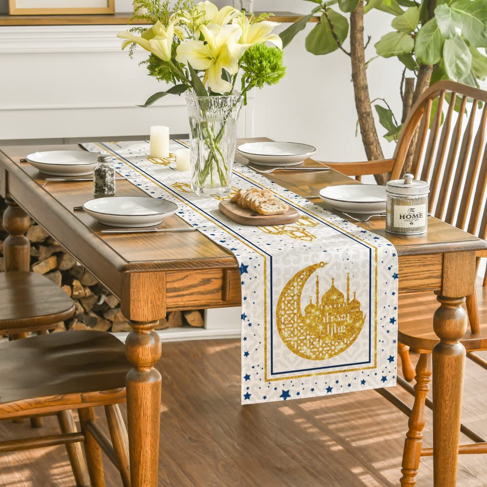 Artoid Mode Black Moon Star Gloden Ramadan Table Runner, Seasonal Summer Holiday Kitchen Dining Table Decoration for Home Party Decor 13 x 72 Inch