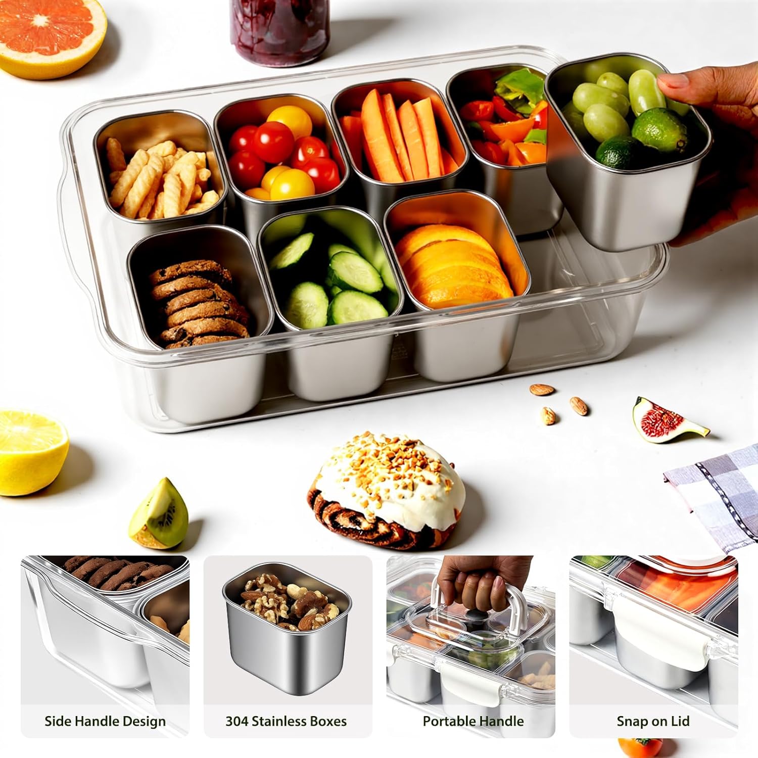 Snackle Box Container, Stainless Steel Divided Serving Tray with Lid and Handle, 8 Compartment Portable Snack Platters - Clear Storage Organizer for Fruit Candy Nuts Veggie - Perfect for Travel Party
