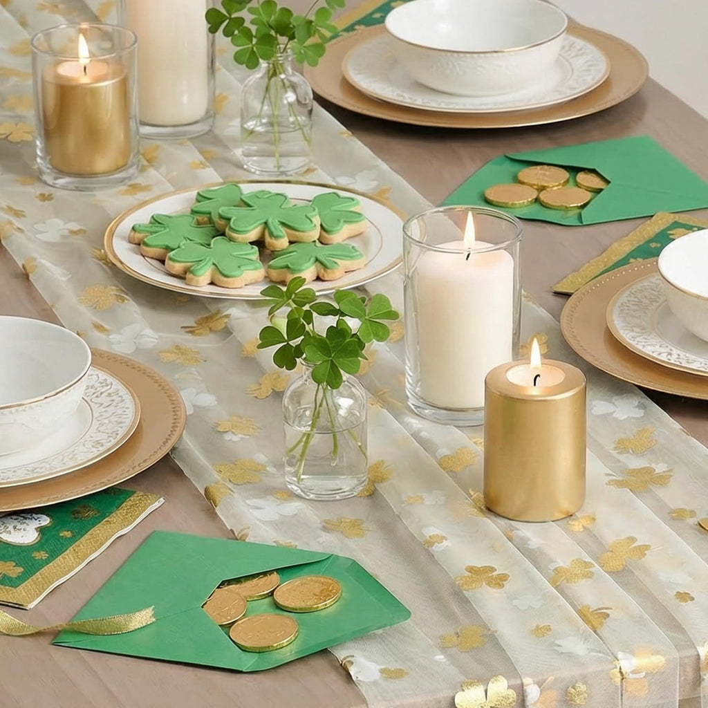 Artoid Mode Gauze Green Shamrocks St.Patrick's Day Table Runner 120 Inch 10FT,Seasonal Sheer Dining Holiday Baby Shower Table Decor for Home Party