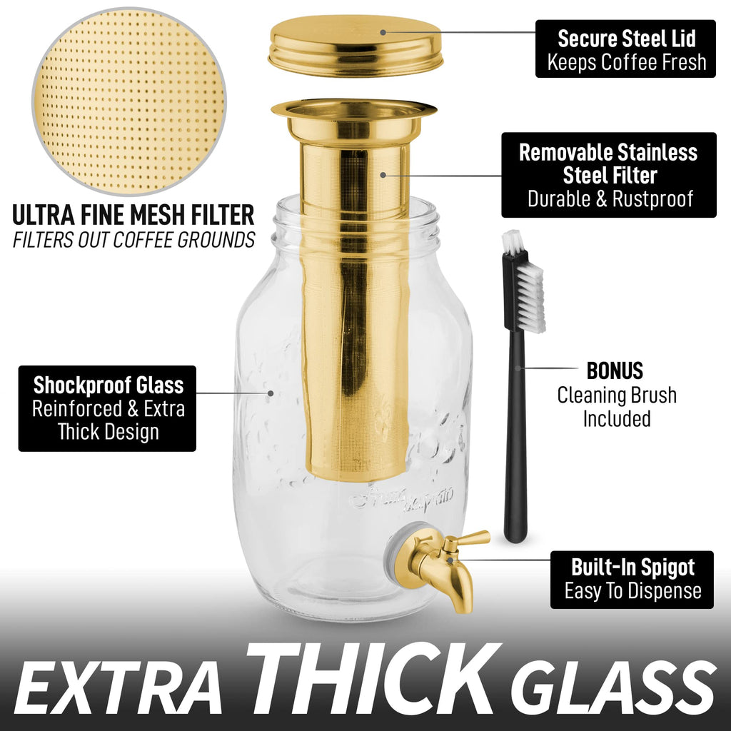 Zulay 1 Gallon/128oz Cold Brew Coffee Maker – Thick Glass Pitcher with Stainless Steel Filter, Lid & Spout – Large Mason Jar Container Dispenser - Iced Coffee & Sun Tea Brewer for Fridge – Silver