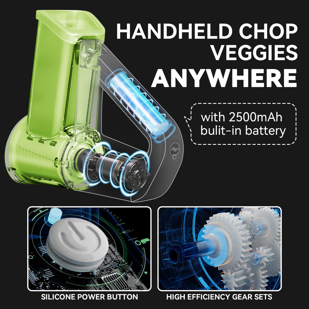 KEOUKE Electric Handheld Salad Shooter Green - Cordless Rechargeable Kitchen Vegetabler Cutter One Touch Control, Slicing, Shredding, Ice Shaving, 4 Blades, Dual Storage Cups, Overheat Protection
