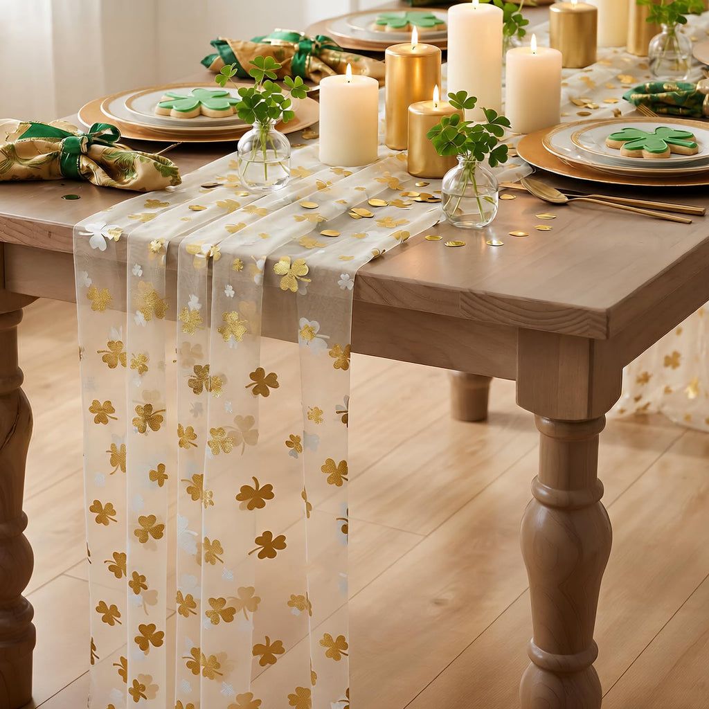 Artoid Mode Gauze Green Shamrocks St.Patrick's Day Table Runner 120 Inch 10FT,Seasonal Sheer Dining Holiday Baby Shower Table Decor for Home Party