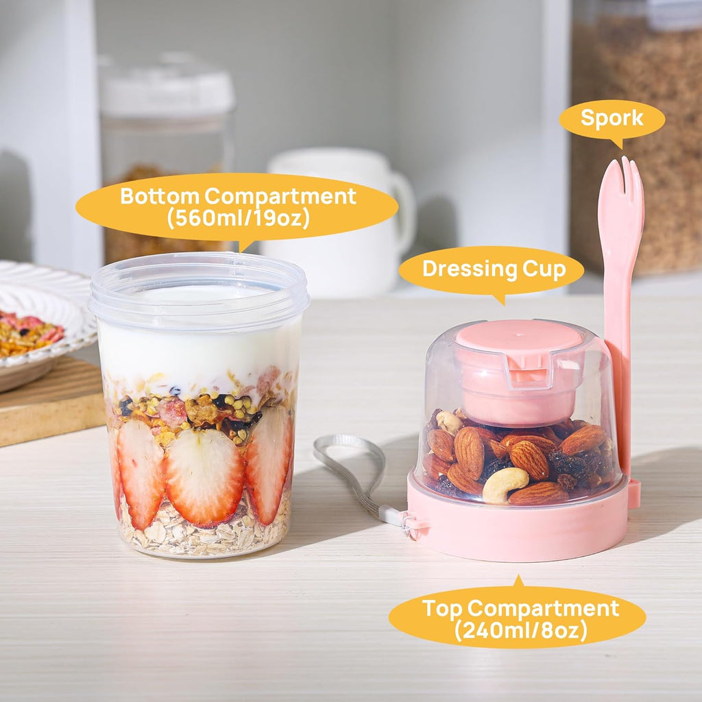 Vtopmart 4 Pack 27oz Yogurt Parfait Cups with Lids and Spoons, Overnight Oats Containers, Reusable Topping Compartment for Breakfast with Yogurt, Cereal or Oatmeal On-the-Go
