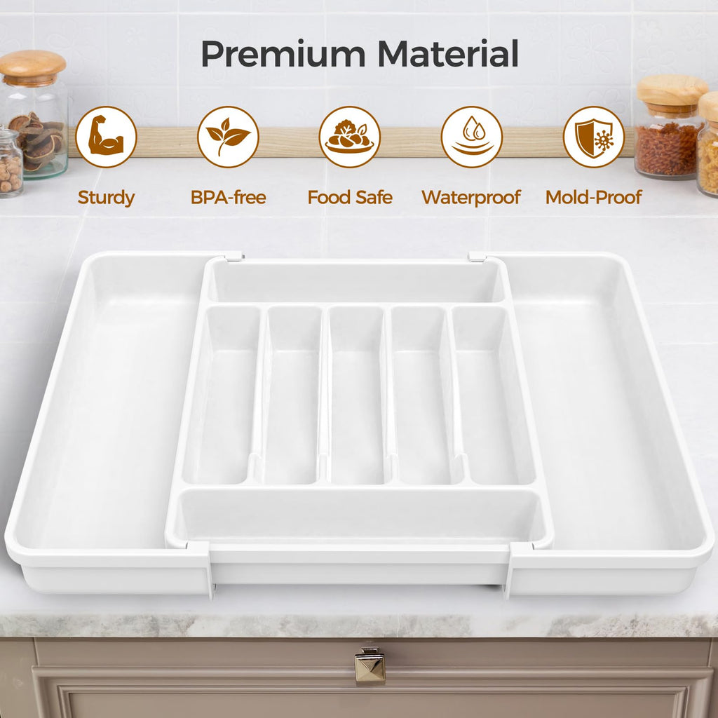 Extra Large Expandable Silverware Organizer, BPA-Free Food-Safe Cutlery Flatware Organizer, Kitchen Utensil Drawer Organizer, Adjustable Silverware Holder for Spoons Forks Knives, Black