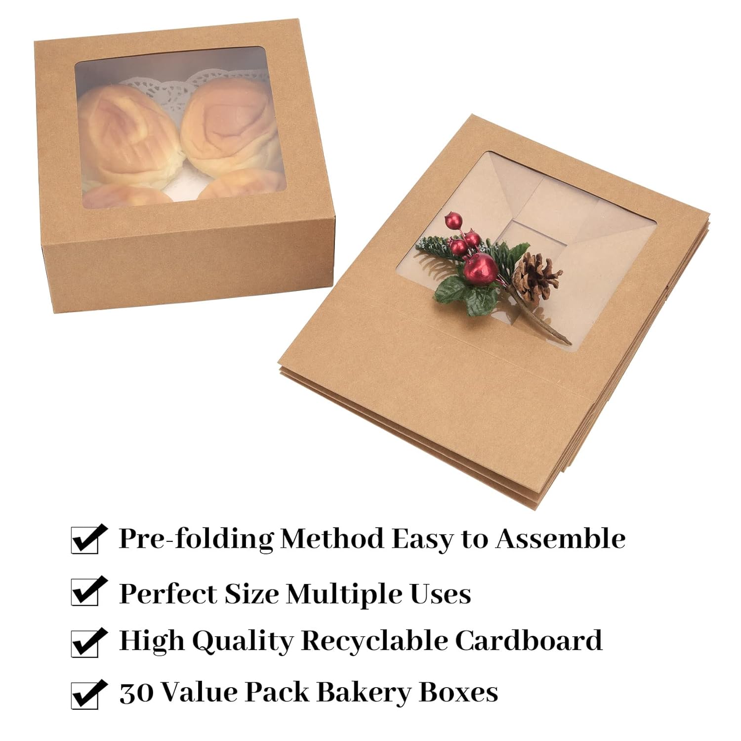 8x8x3 inch Kraft Cookie Boxes Candy Boxes with Window for Chocolate Covered Strawberry Macaron Donut Breakable Heart Baked Goods, Gift Treat Boxes Charcuterie Box(30 Pack,Brown)