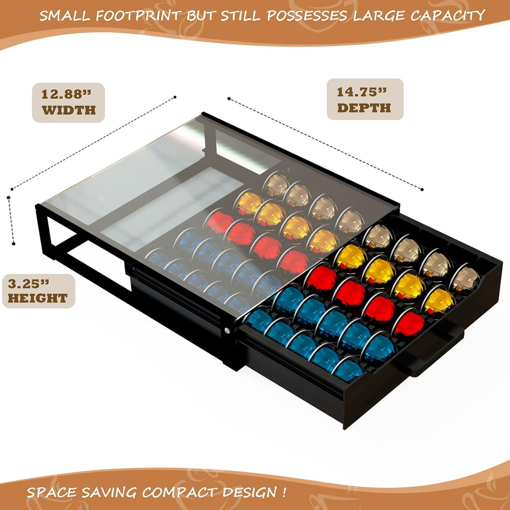 Heavy Duty Crystal Acrylic Sleek Coffee Pods Holder with Beautiful Solid Pod Drawer, Compatible for All Nespresso VertuoLine Pods, Great Capacity Holds up to 60 Small or 40 Big Vertuoline Pods