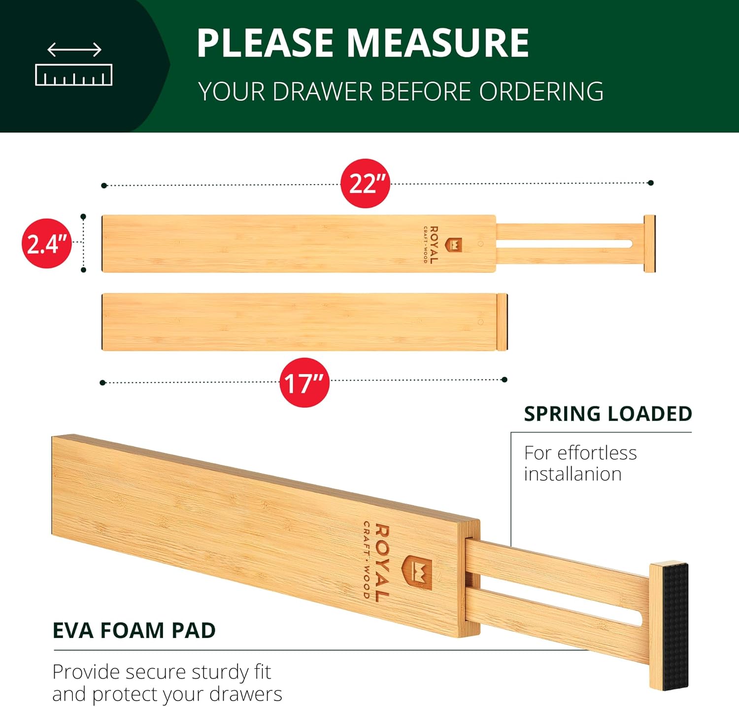 ROYAL CRAFT WOOD Adjustable Bamboo Drawer Dividers Organizers (17-22") - Multipurpose Storage Boxes 5 pcs