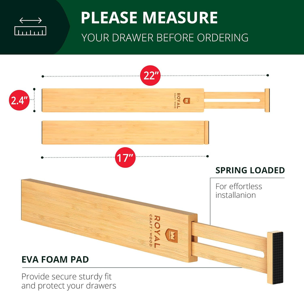 ROYAL CRAFT WOOD Adjustable Bamboo Drawer Dividers Organizers (17-22") - Bamboo Kitchen Drawer Organizer 7 Slot