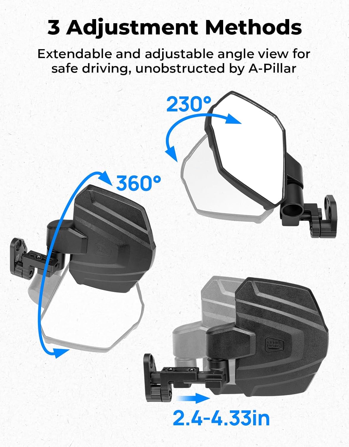 KEMIMOTO Large Side Mirrors A-pillar UTV Mirror Compatible with Polaris Ranger XP 1000/ Crew XP 1000 2018-2026, CFMOTO UFORCE U10, Extension Adjustable Side Mirrors Mounted on ROPS bar