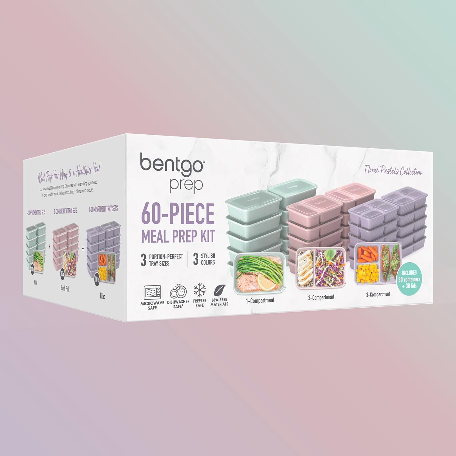 Bentgo Prep 60-Piece Meal Prep Kit - Reusable PFAS & BPA-Free Food Containers, 1-Compartment, 2-Compartment, & 3-Compartments - Microwave, Freezer, & Dishwasher Safe (Floral Pastels)