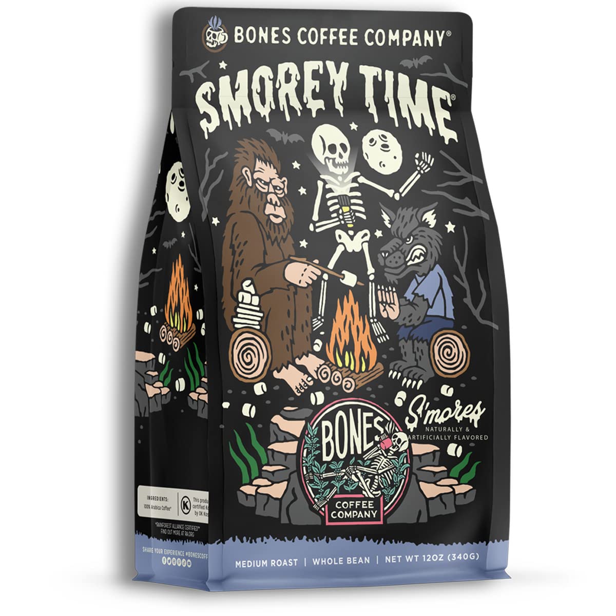 Bones Coffee Company Salted Caramel Flavored Coffee, Medium Roast Low Acid Arabica Beans Compatible with Auto drip and French Press Coffee Maker, 12 Oz Whole Bean
