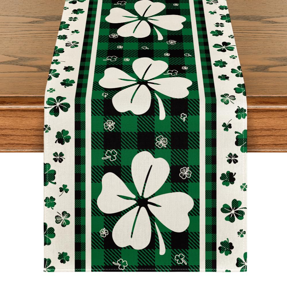 Artoid Mode Green Clover Buffalo Plaid Shamrocks St.Patrick's Day Table Runner, Seasonal Kitchen Dining Table Decoration for Indoor Home Party 13x72 Inch
