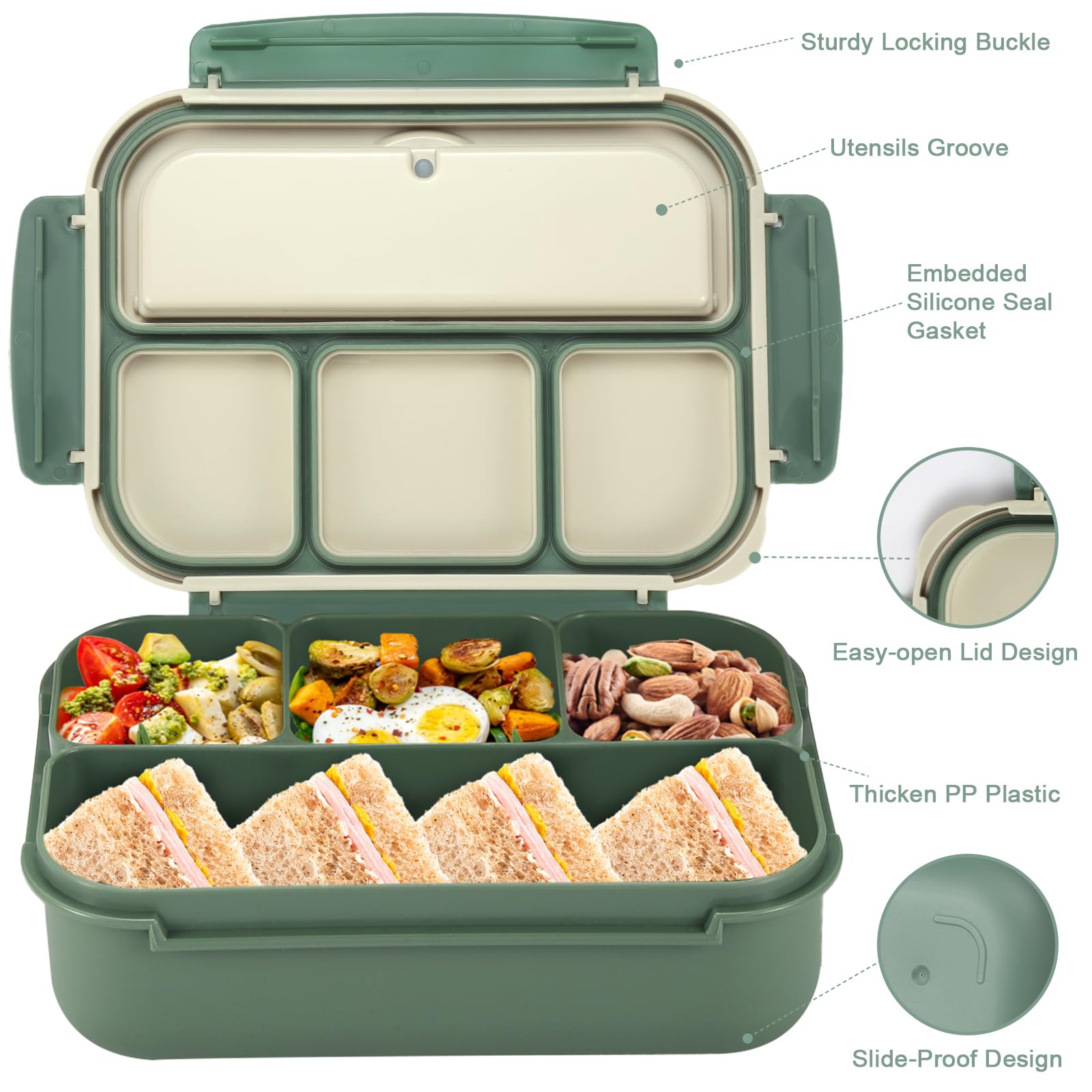 Bento Box Adult Lunch Box, Containers for Adults Men Women with 4 Compartments, Lunchable Food Container with Utensils, Sauce Jar, Muffin Liners, 40 Oz/5 Cup, Microwave & Dishwasher Safe, Brown