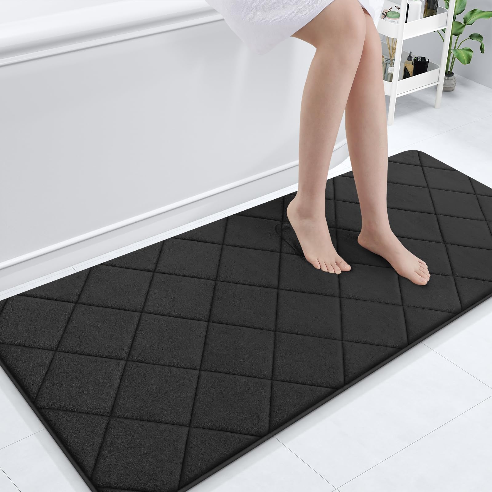 OLANLY Memory Foam Bath Mat 30x20, Ultra Soft and Absorbent Bathroom Rugs, Machine Washable, Comfortable Bath Carpet for Bathroom Floor, Tub and Shower, Black