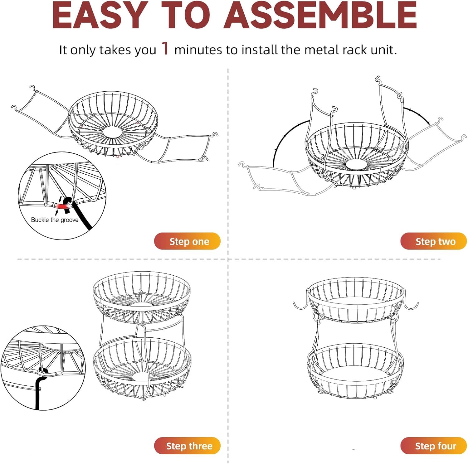 2 Tier Large Fruit Basket for Kitchen Counter with 2 Banana Hangers, Metal Stackable Fruit Bowl for Kitchen Counter for Bread Vegetable Fruits, Black