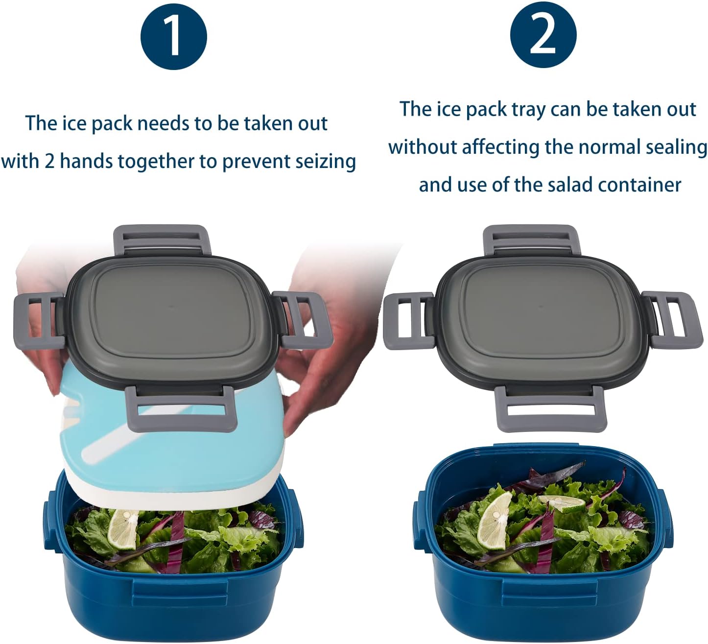 Freshmage Salad Lunch Container To Go, 52-oz Salad Bowls with 3 Compartments, Salad Dressings Container for Salad Toppings, Snacks, Men, Women (Blue+Grey) Ice Pack