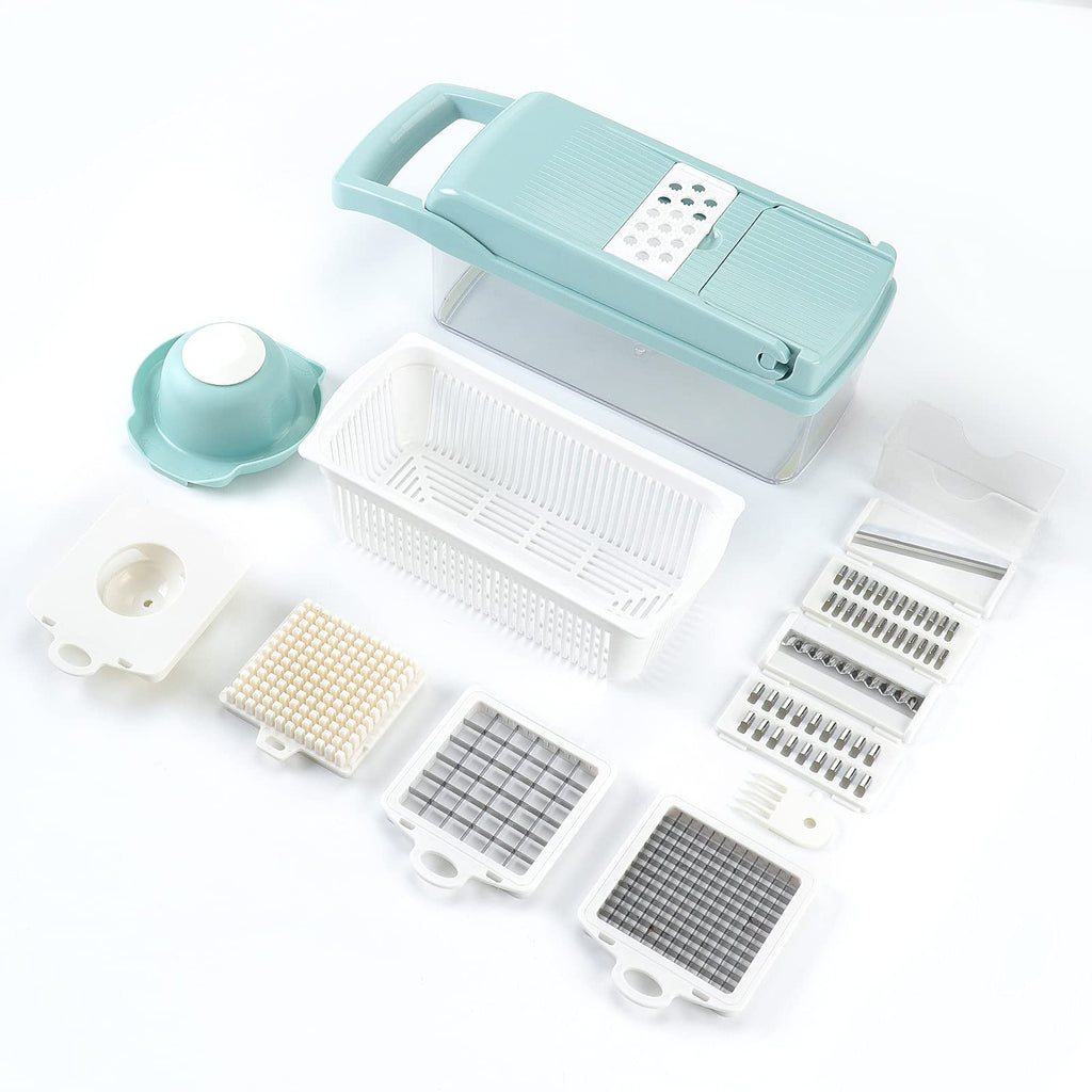 KEOUKE Vegetable Chopper Mandoline Slicer Grey - 12 in 1 Interchangeable Blades Food Chopper with Container, Hand Guard & Drainer, Veggie Dicer Kitchen Gadget for Onion, Cucumber, Tomato, Fruit