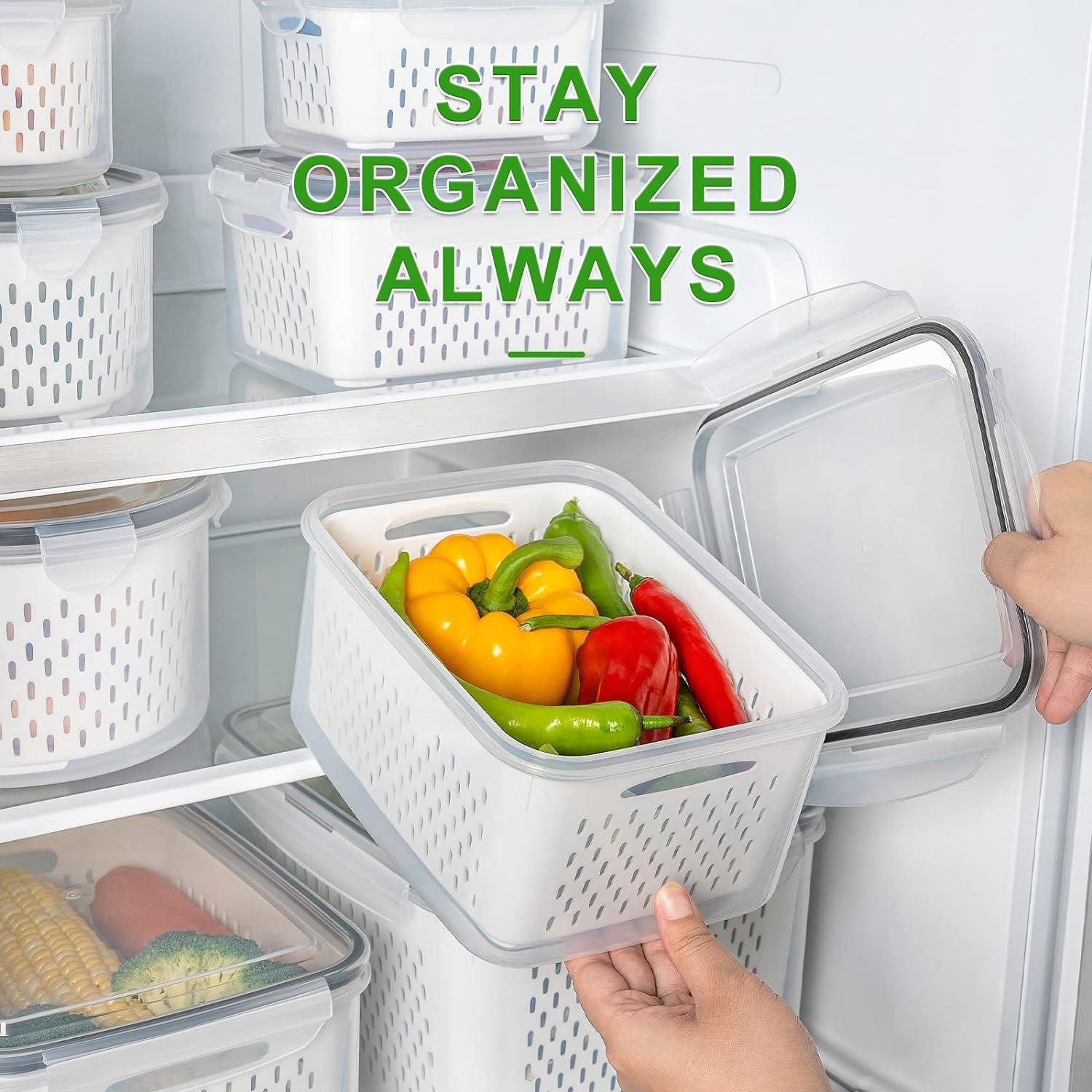 4 PCS Fruit storage Containers for Fridge with Removable Colander and Chopper Set, Leakproof Food Storage Containers with lids, Dishwasher & Microwave Safe Produce Containers to Keep Fruits Fresh ﻿
