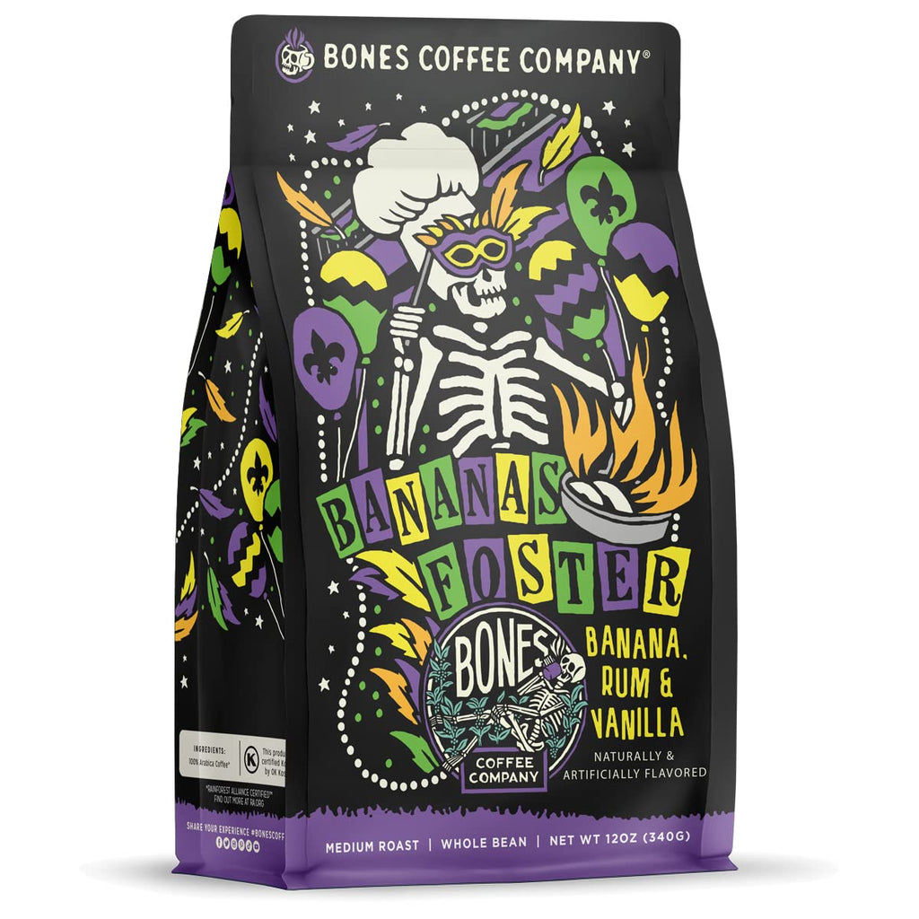 Bones Coffee Company Salty Siren, Sea Salted Caramel Chocolate Flavored Coffee, Medium Roast Low Acid Arabica Beans Compatible with Auto drip and French Press Coffee Maker, 12 Oz Whole Bean