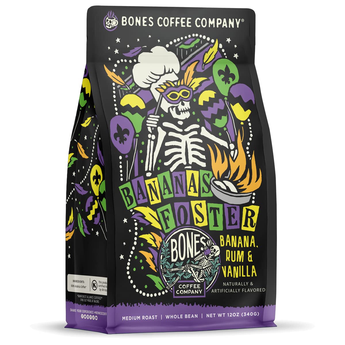 Bones Coffee Company Salty Siren, Sea Salted Caramel Chocolate Flavored Coffee, Medium Roast Low Acid Arabica Beans Compatible with Auto drip and French Press Coffee Maker, 12 Oz Whole Bean
