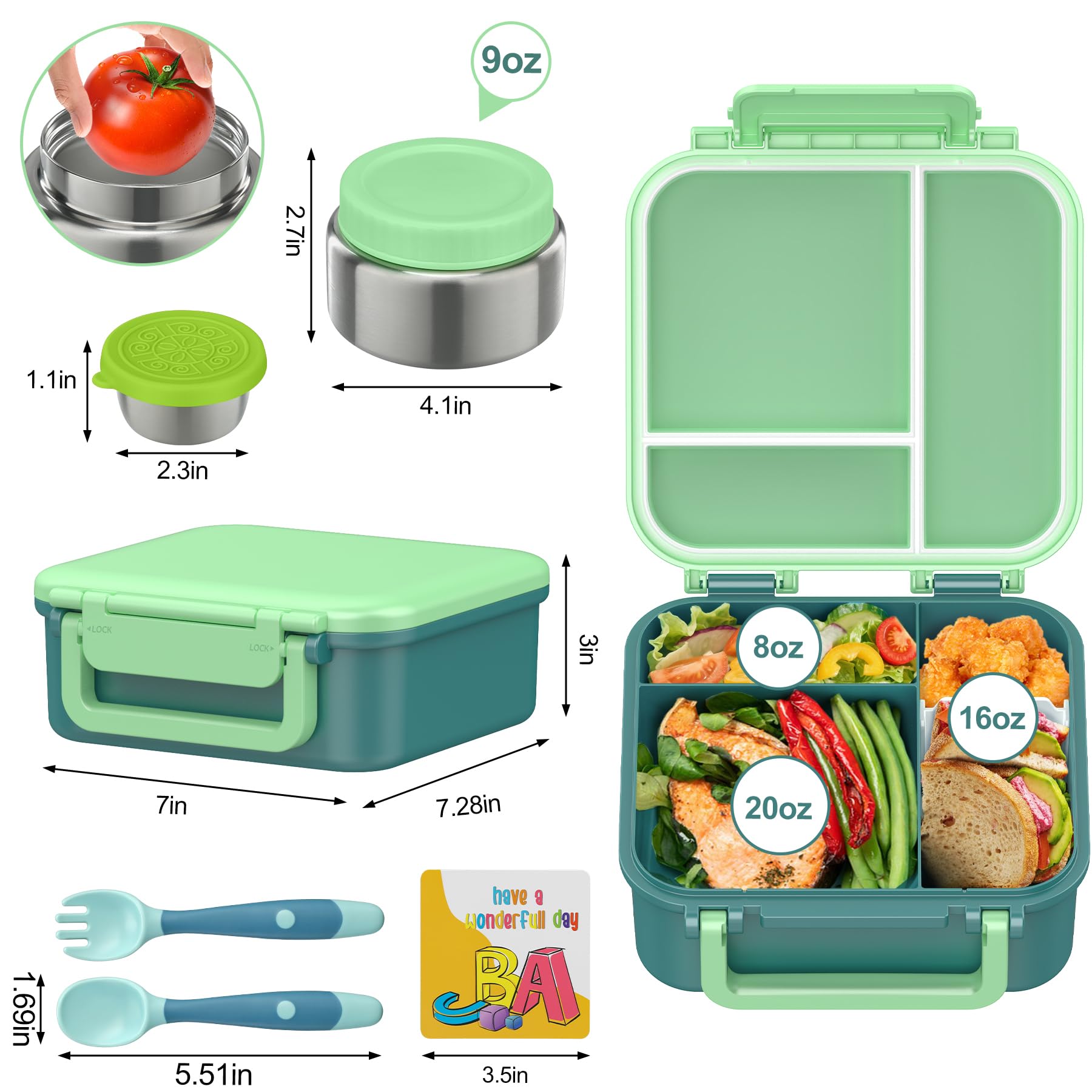 Kids Bento Lunch Box with 9oz Soup Thermo Leakproof Lunch Food Containers 4 Compartment with Insulated Hot Food Jar for Kid Toddler Girls Boys to School Trvael