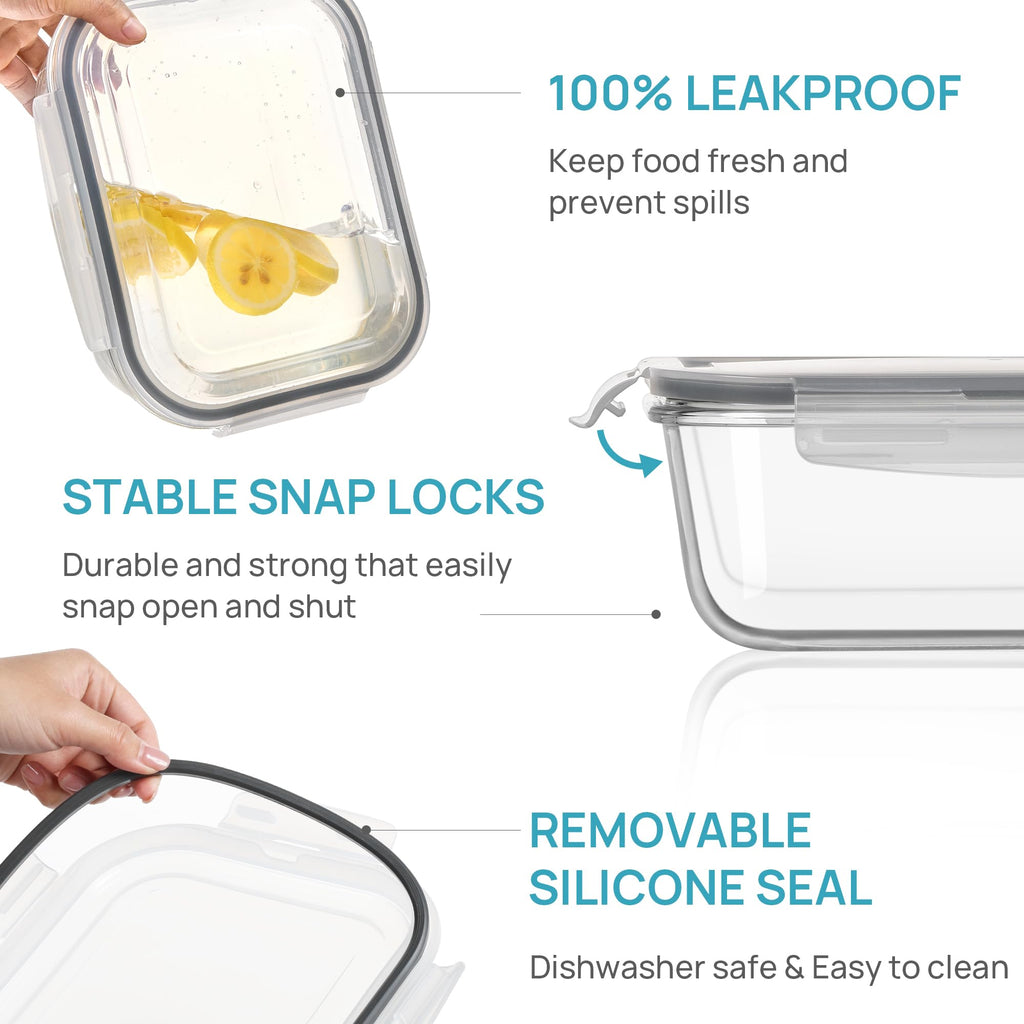 Vtopmart 2Pack 1860ml/63oz Large Glass Storage Containers with Lids, Meal Prep Food Container Set with Snap Airtight Lid for Baking, Microwave, Oven, Leak Proof, for Freezer, Dishwasher, Grey
