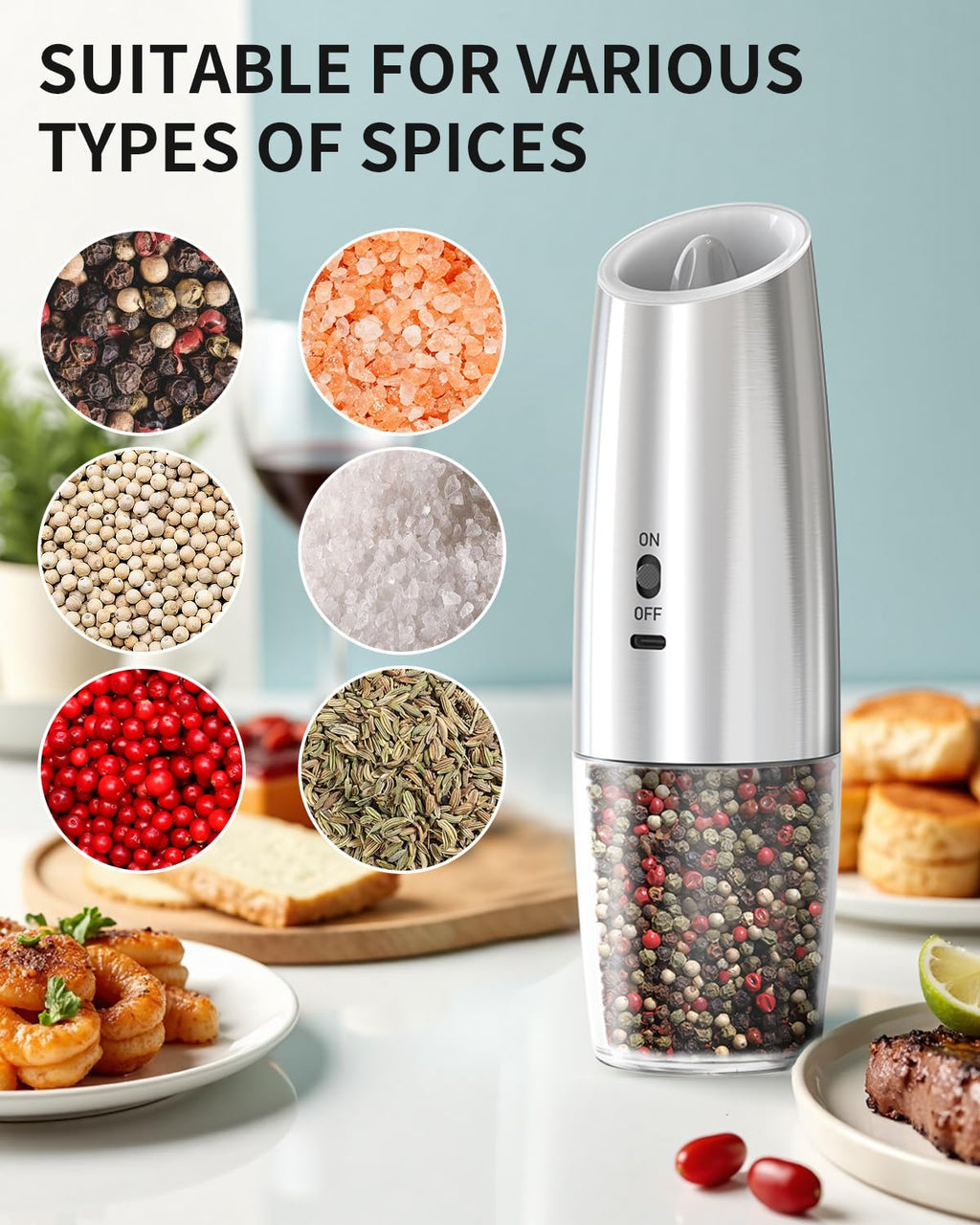 CIRCLE JOY Rechargeable Salt and Pepper Grinder Set Gravity Electric Salt and Pepper Grinder Set, LED Light, Adjustable Coarseness, for Home Kitchen BBQ, Black & White