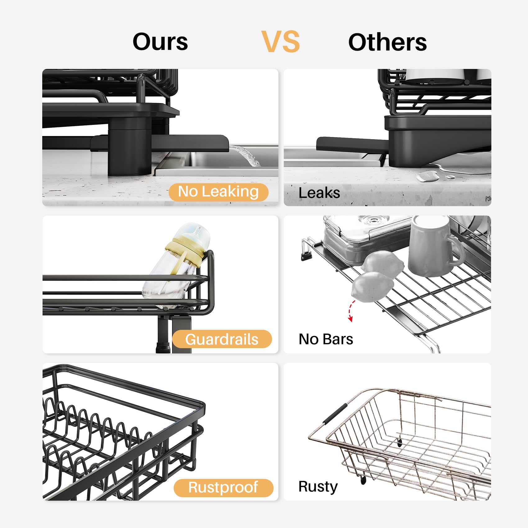 SNTD Dish Drying Rack - Extendable Dish Rack, Large Sink Drying Dish Drainer for Kitchen Counter, Stainless Steel Dish Strainer with Utensil Holder (Black)