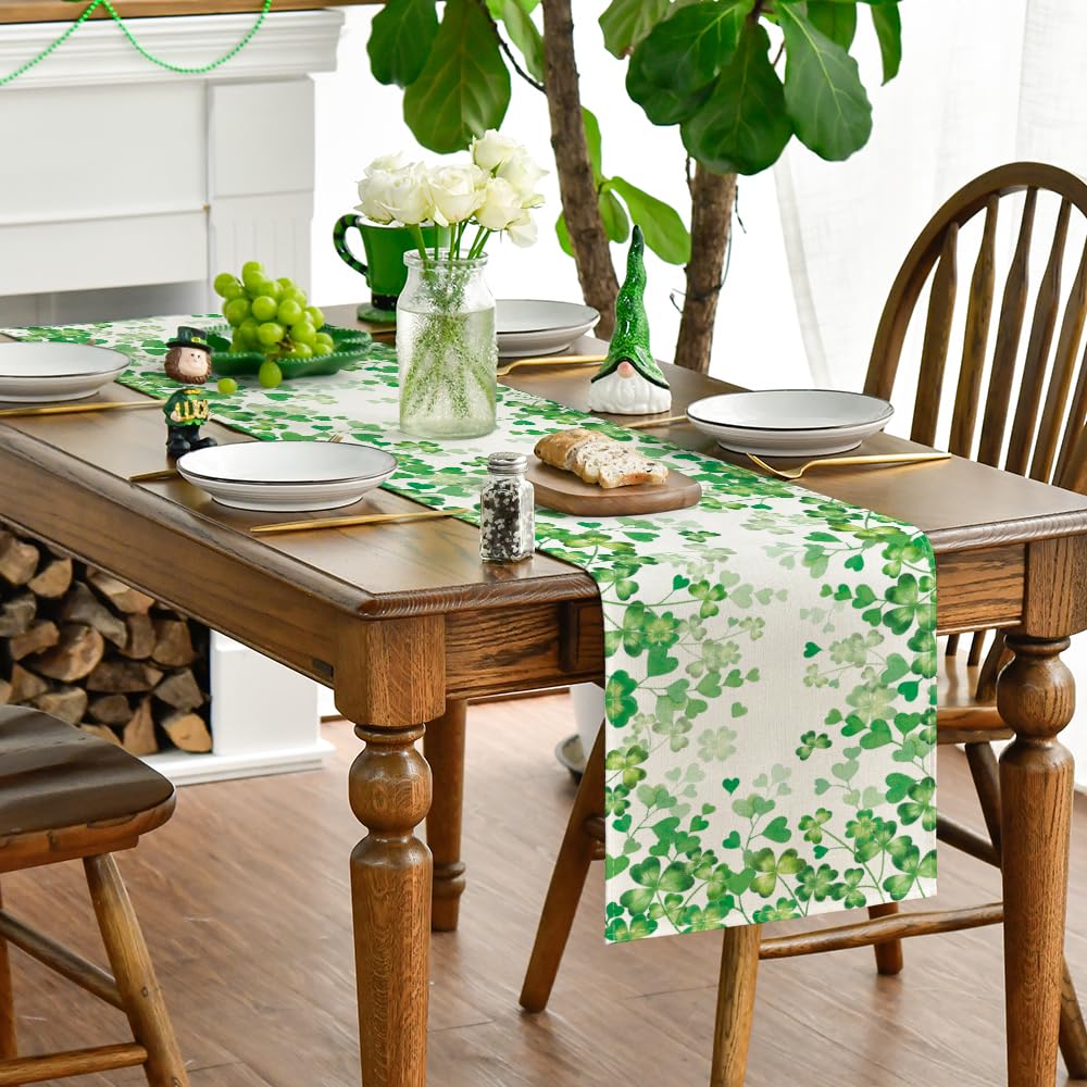 Artoid Mode Shamrock Love Heart 210 GSM St. Patrick's Day Table Runner, Seasonal Spring Kitchen Dining Table Decoration for Home Party Decor 13x72 Inch