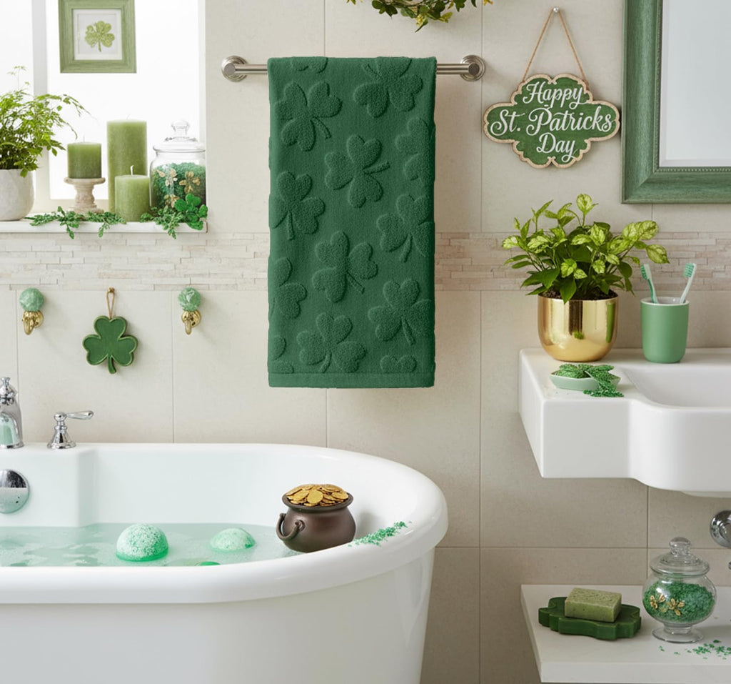 Artoid Mode 2 Pcs Dark Green 3D Shamrock Jacquard Patrick Hand Towels for Bathroom, 100% Cotton Soft Absorbent Bathroom Decor Towels, 13.7 x 29.5 Inch