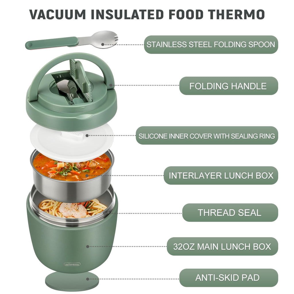 Thermo Food Jar for Hot Food Adults 32OZ Soup Thermo Lunch Containers Wide Mouth Vacuum Insulated Stainless Steel Leakproof Bento Box with Spoon (Black)