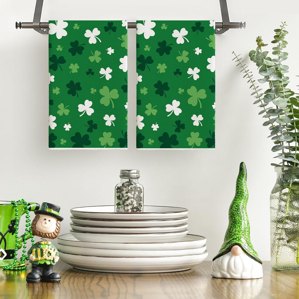 Artoid Mode Green Clover Shamrock St. Patrick's Day Kitchen Towels Dish Towels, 18x26 Inch Farmhouse Holiday Spring Decoration Hand Towels Set of 2
