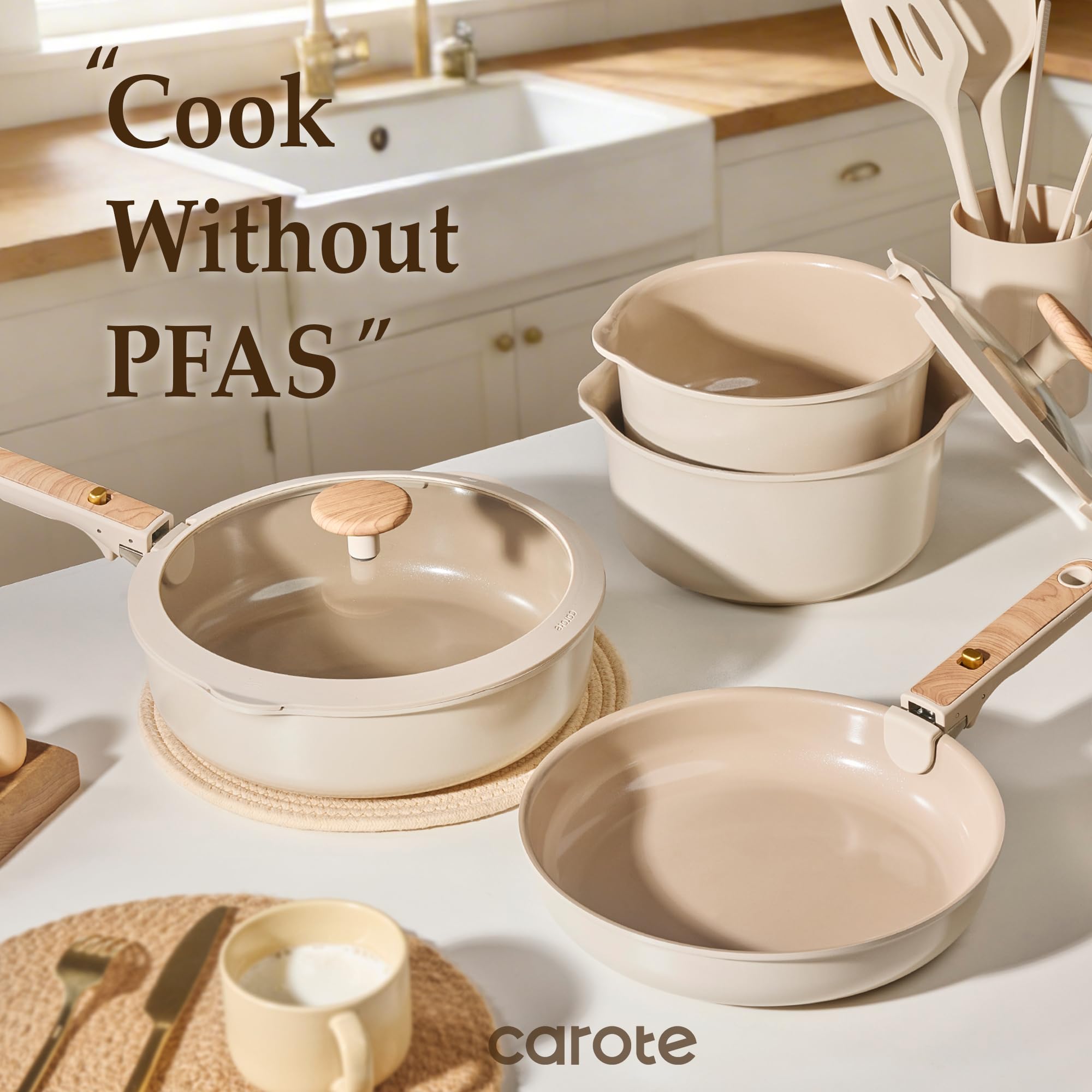 CAROTE 4pcs Ceramic Frying Pans Titanium Non Stick, 8"+10"+12” Frying Pan Egg Pan Omelet Pans with Detachable Handle, Nonstick Cookware, PFOA Free, Induction Compatible & Oven Safe, Dishwasher Safe