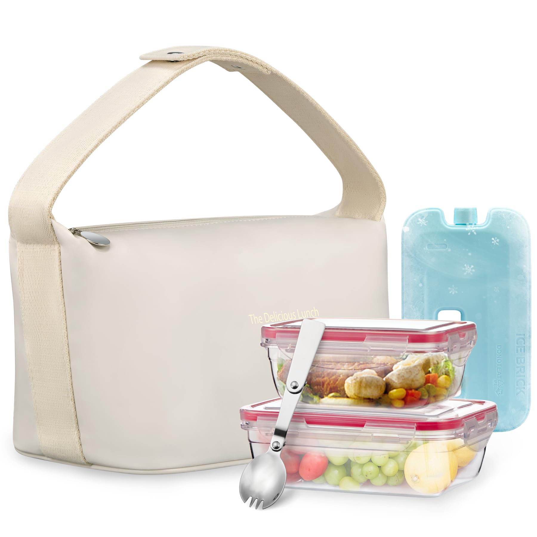 Lunch Bag Set For Women Insulated Leather Woman Lunch Bag With 2 Lunch Box Containers Spoon and Ice Pack Leakproof Reusable High Capacity Lunch Tote Bags for Work, Travel, Outdoor