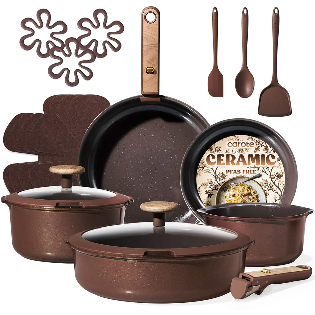 CAROTE 19PCS Ceramic Nonstick Cookware Set, Pots and Pans Set with Detachable Handle, PFAS-Free Non-Toxic, Induction & Oven Safe, Stackable Space-Saving, Dark Choco