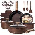 CAROTE 19PCS Ceramic Nonstick Cookware Set, Pots and Pans Set with Detachable Handle, PFAS-Free Non-Toxic, Induction & Oven Safe, Stackable Space-Saving, Dark Choco