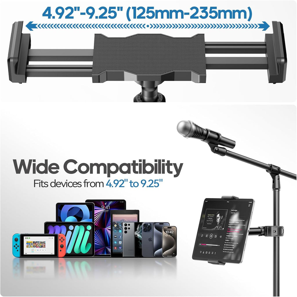 KDD iPad Holder for Mic Stand, Adjustable Tablet & Phone Mount for Microphone Music Stand, Fitness Bike Handlebar Bracket, Fit for iPad Pro 12.9, Air, Mini, Galaxy Tabs, iPhone(4.7-13”)