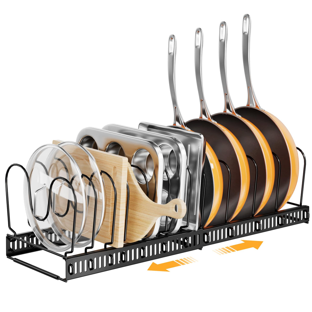 ORDORA Pots and Pans Organizer under Cabinet with Pot Lid Organizer, Expandable Rack for Pan and Pot Organizers Inside Cabinet, 12"-23" Adjustable with 10 Dividers for Kitchen Organization, Black