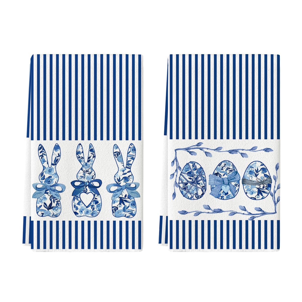 Artoid Mode Stripe Rabbit Bunny Eggs Easter Kitchen Towels Dish Towels, 18x26 Inch Spring Decoration Hand Towels Set of 2