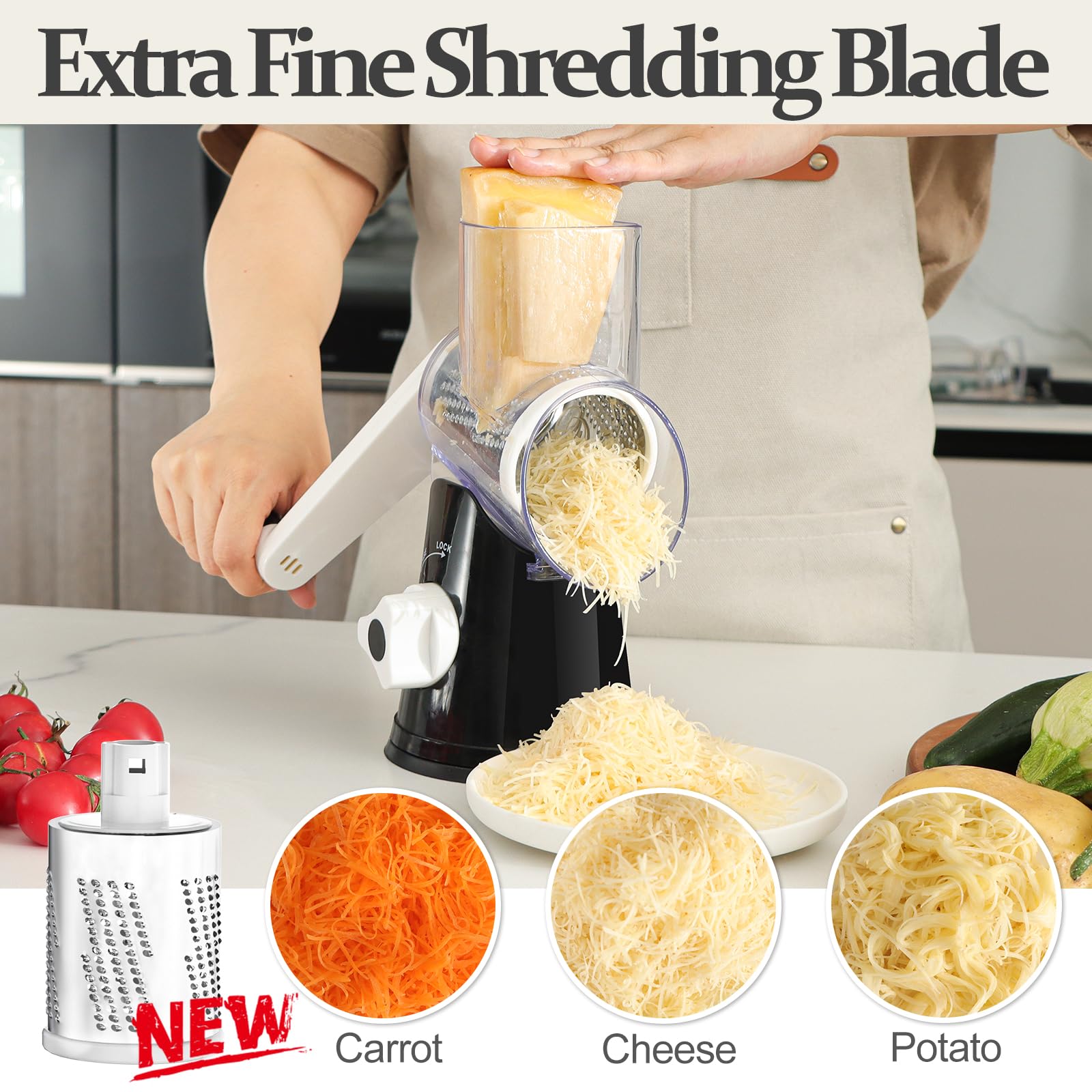 Cambom 5 in 1 Rotary Cheese Grater Hand Crank Cheese Shredder for Fresh Cheese, Vegetable, Nuts,Non-slip Suction Base, Black
