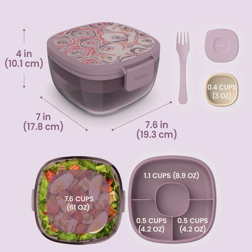 Bentgo Glass Salad Container - 7.6-Cup Salad Bowl with Airtight Lid, Leak-Proof Sauce Container, 4-Compartment Bento Tray & Reusable Fork - BPA-Free for Meal Prep, Office & More (Lavender)