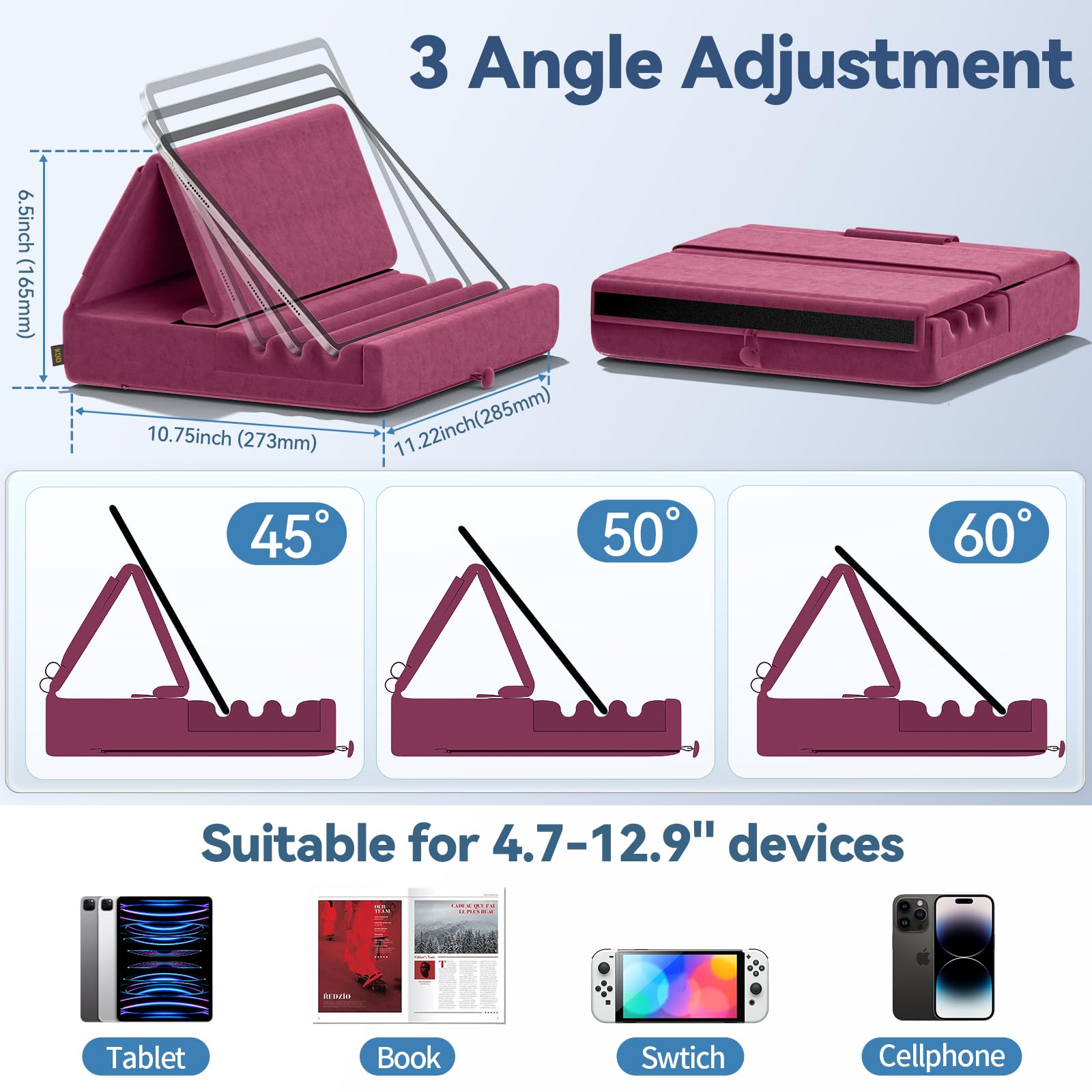 KDD Tablet Pillow Holder, Foldable iPad Stand for Lap, Bed and Desk -Tablet Soft Pad Dock with Pocket & Stylus Mount Compatible with iPad Pro 12.9, 10.5, 9.7 Air Mini 6 5 4 3, Galaxy Tab,E-Reader