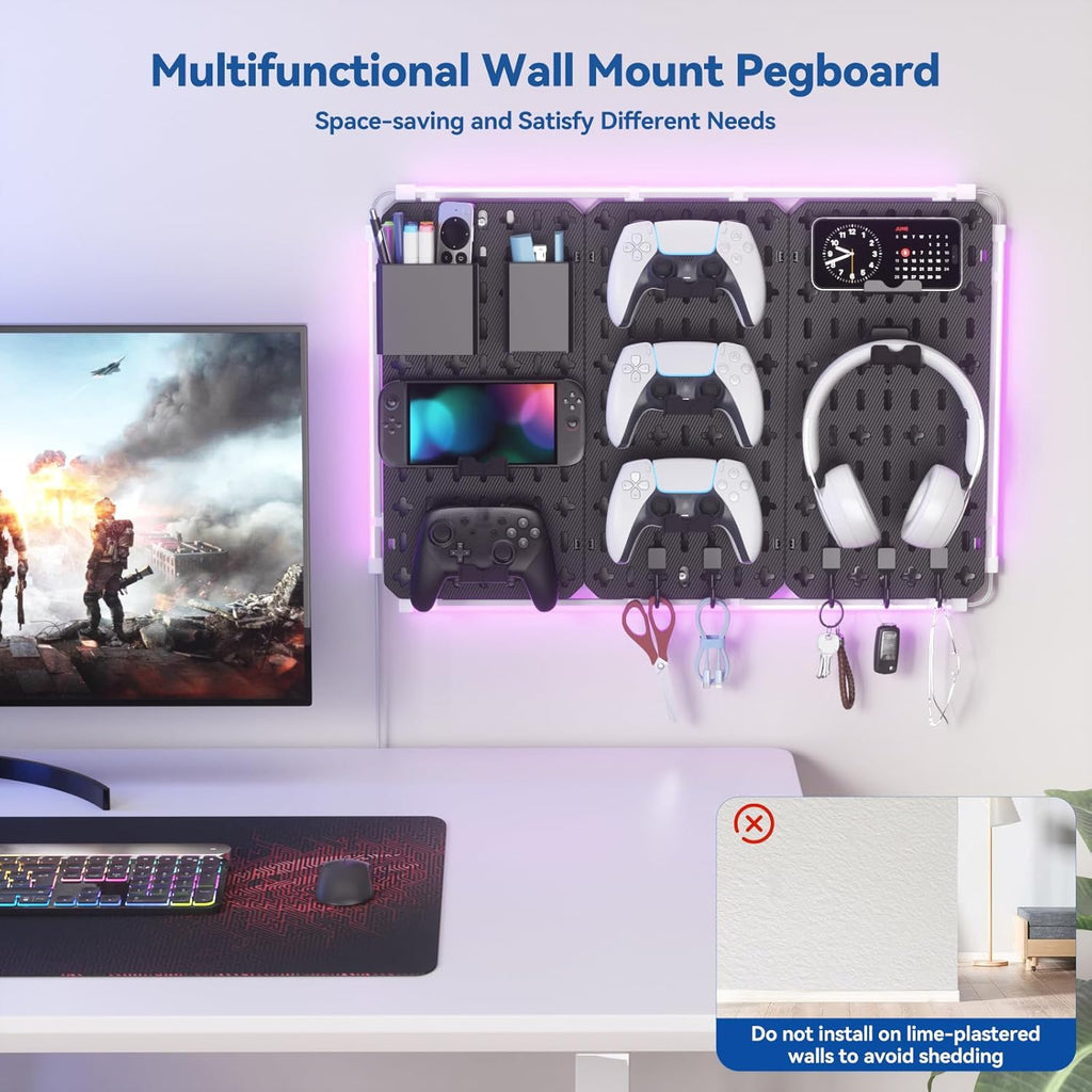 KDD 9 in 1 RGB Gaming Wall Organizer Peg Board - DIY Pegboard Combination Kit with Phone Stand/Pen Holder/Storage Box/Headset & Controller Holder/Hooks for Office & Home Gamer Room Decor Accessories