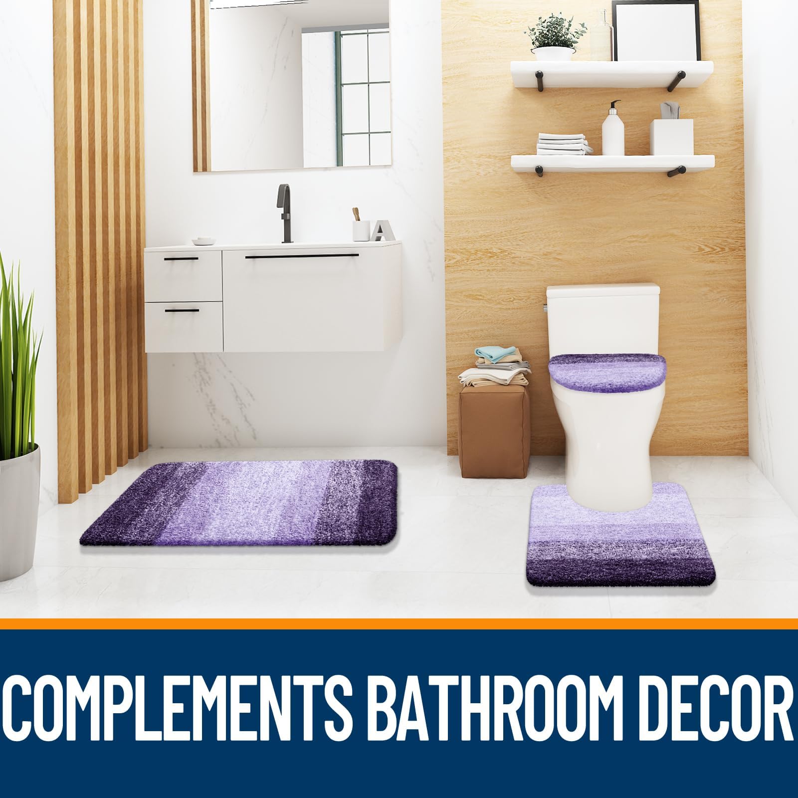 OLANLY Bathroom Rugs Sets 3 Piece, Soft Microfiber Absorbent Bath Mat, U-Shaped Contour Toilet Mat and Toilet Lid Cover, Quick Dry, Machine Washable, Toilet Cover and Rug Set for Bathroom, Grey