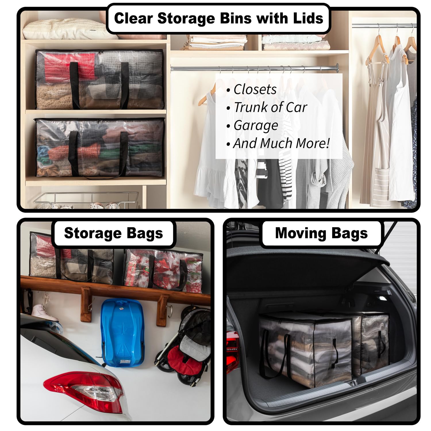 ClearSpace Heavy Duty Moving Bags or Storage Bags – Clear Storage Bins with Lids, Large Moving Boxes with Backpack Straps & Zippers,– Packing Box & Moving Supplies for College Dorm, 7 Pack