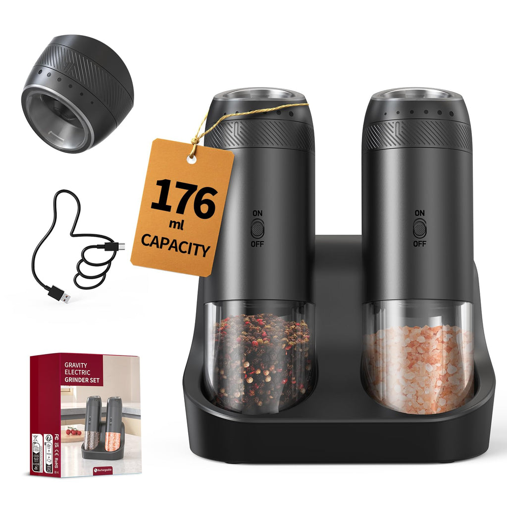 CIRCLE JOY Rechargeable Salt and Pepper Grinder Set Gravity Electric Salt and Pepper Grinder Set, LED Light, Adjustable Coarseness, for Home Kitchen BBQ, Black & White